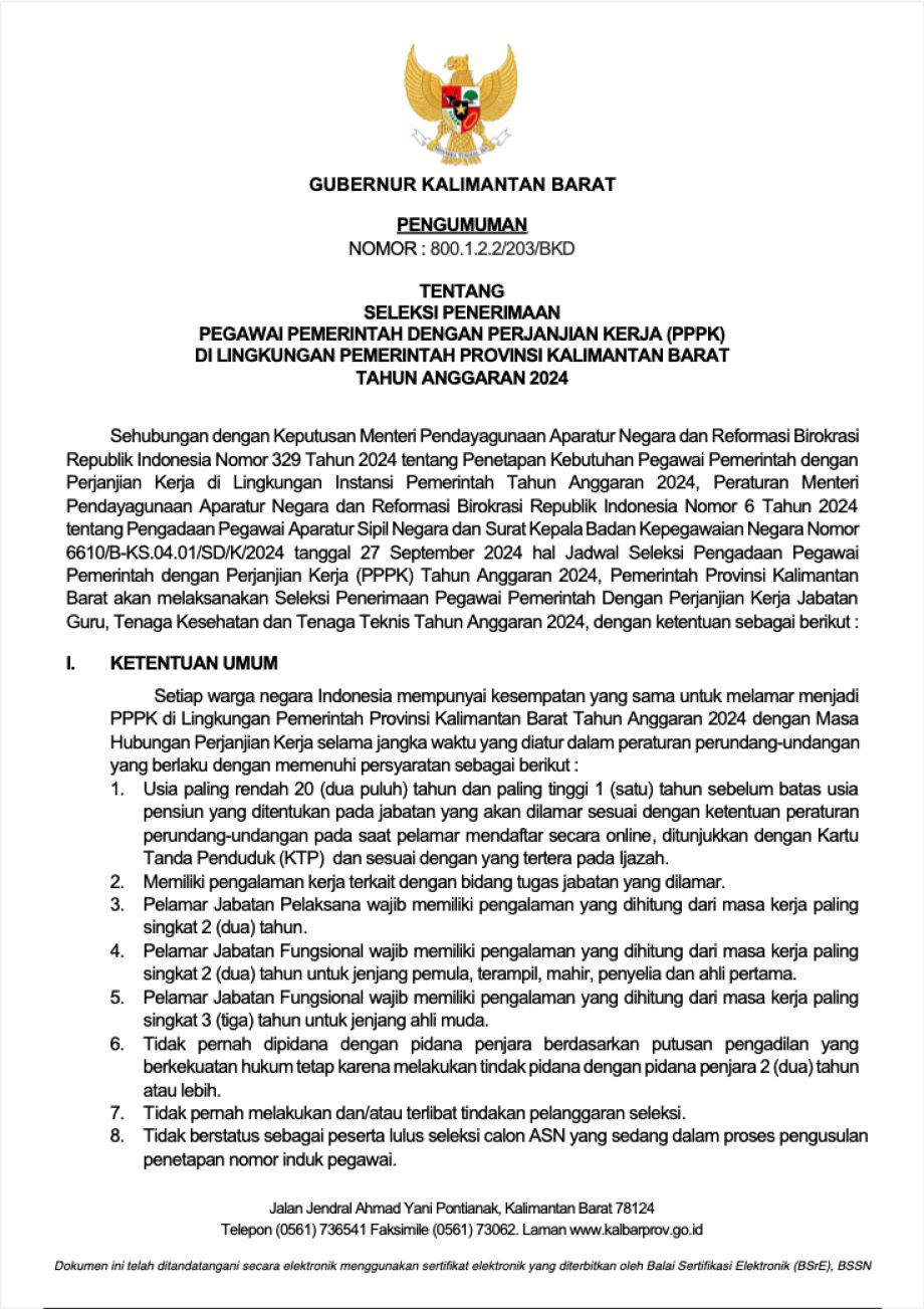 PENGUMUMAN GUBERNUR KALIMANTAN BARAT TENTANG SELEKSI PENERIMAAN PPPK DI LINGKUNGAN PEMERINTAH PROVINSI KALIMANTAN BARAT TAHUN ANGGARAN 2024