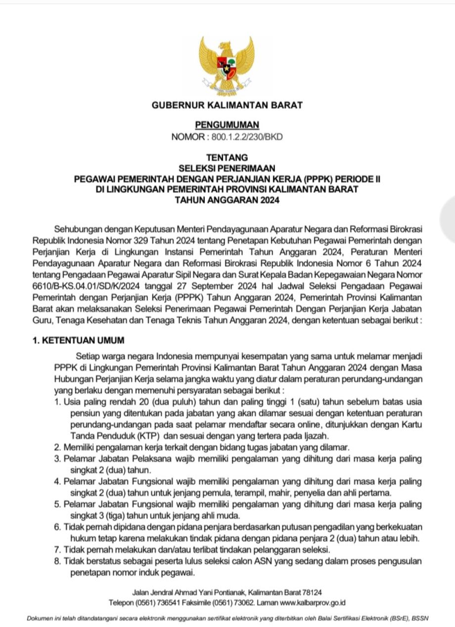 Pengumuman Gubernur Tentang Seleksi Penerimaan PPPK Periode II di Lingkungan Pemprov Kalbar T.A. 2024