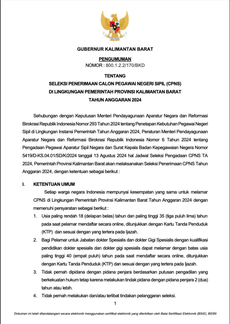 PENGUMUMAN GUBERNUR KALIMANTAN BARAT TENTANG SELEKSI PENERIMAAN CALON PEGAWAI NEGERI SIPIL (CPNS) DI LINGKUNGAN PEMERINTAH PROVINSI KALIMANTAN BARAT TAHUN ANGGARAN 2024